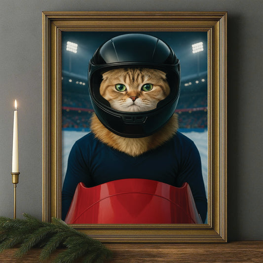 Custom Photo Bobsled Winter Race Cat Canvas Framed Wall Art Gift For Cat Lovers