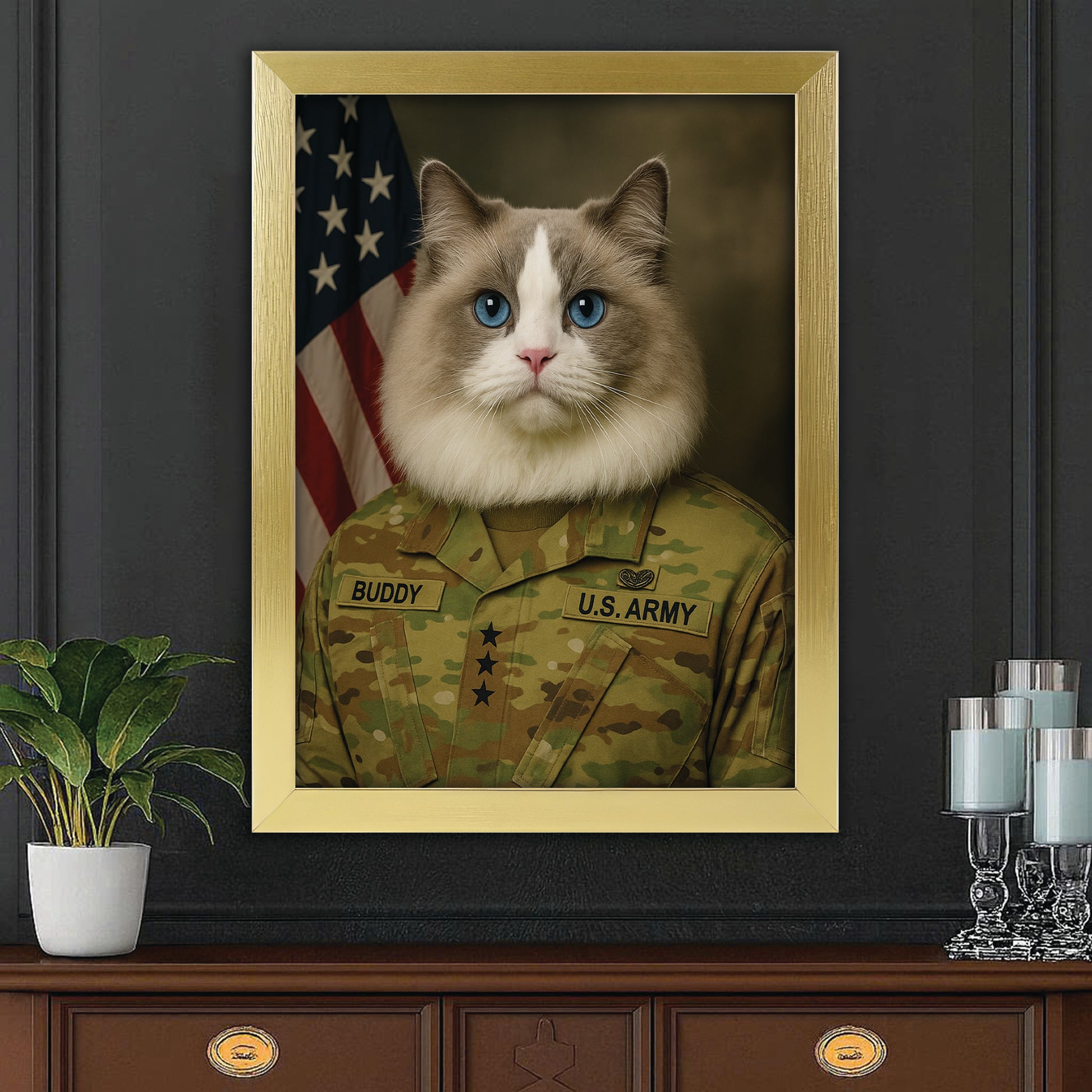 Custom Cat Photo Us Army Canvas Framed Wall Art _ Gift For Cat Lovers