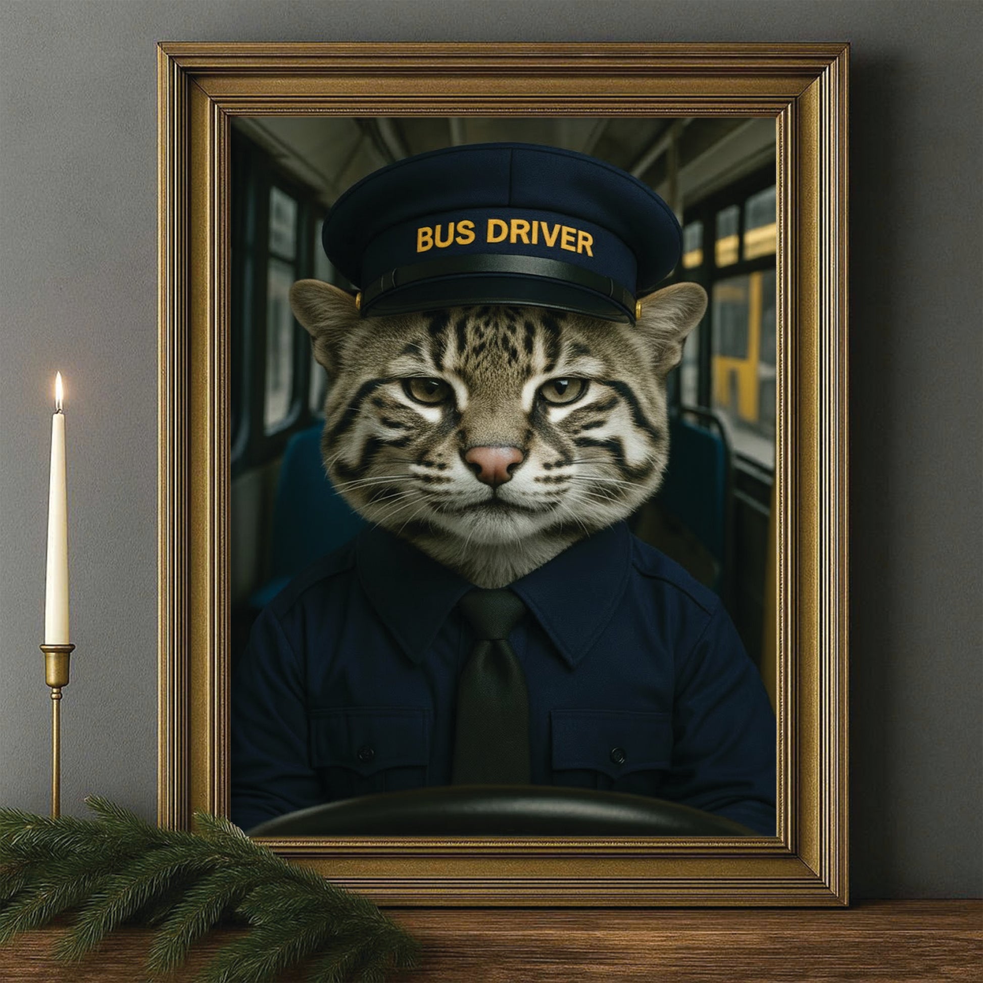 Custom Photo Bus Driver Cat Canvas Framed Wall Art Gift For Cat Lovers