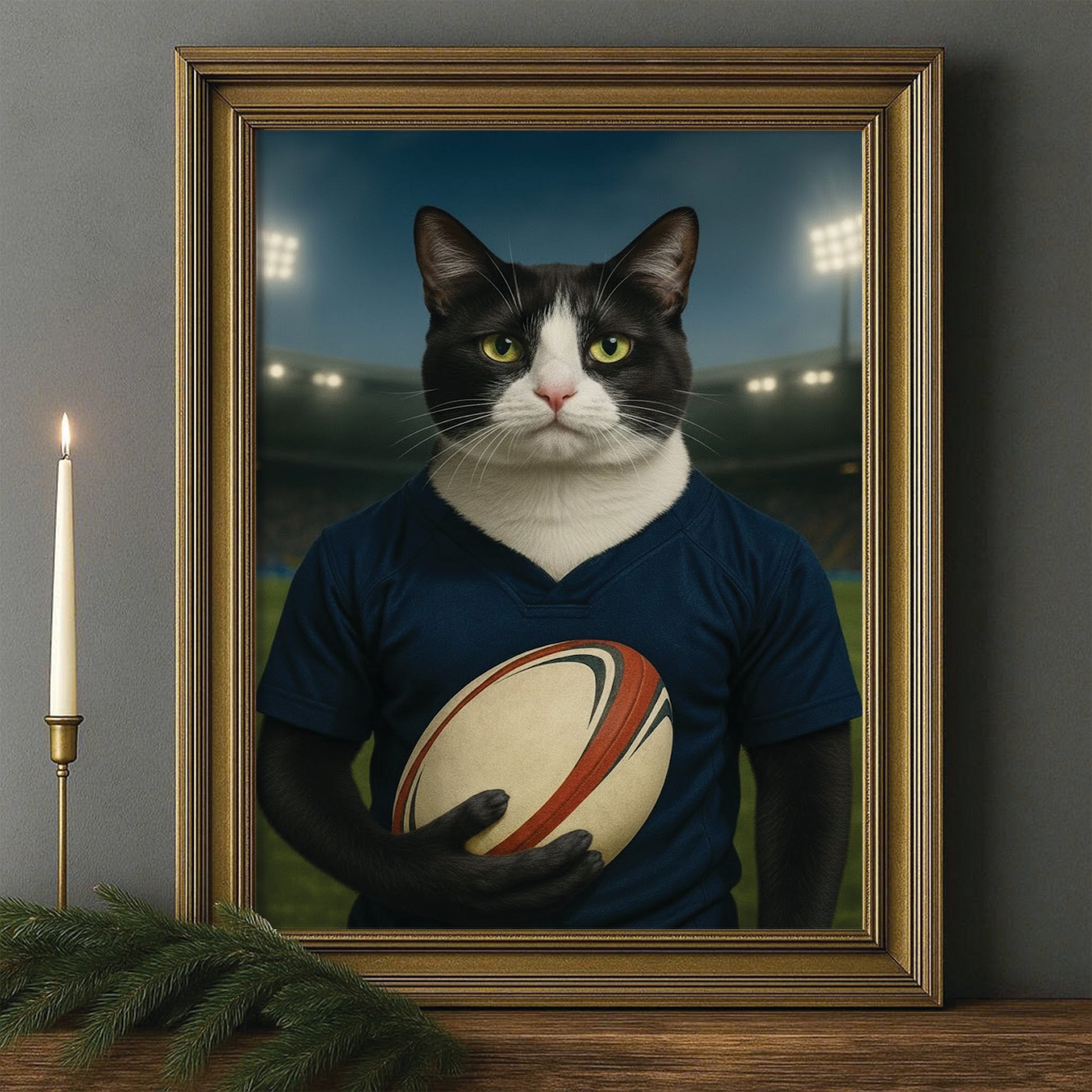 Custom Cat Rugby Sport Cat Canvas Framed Wall Art Gift For Cat Lovers