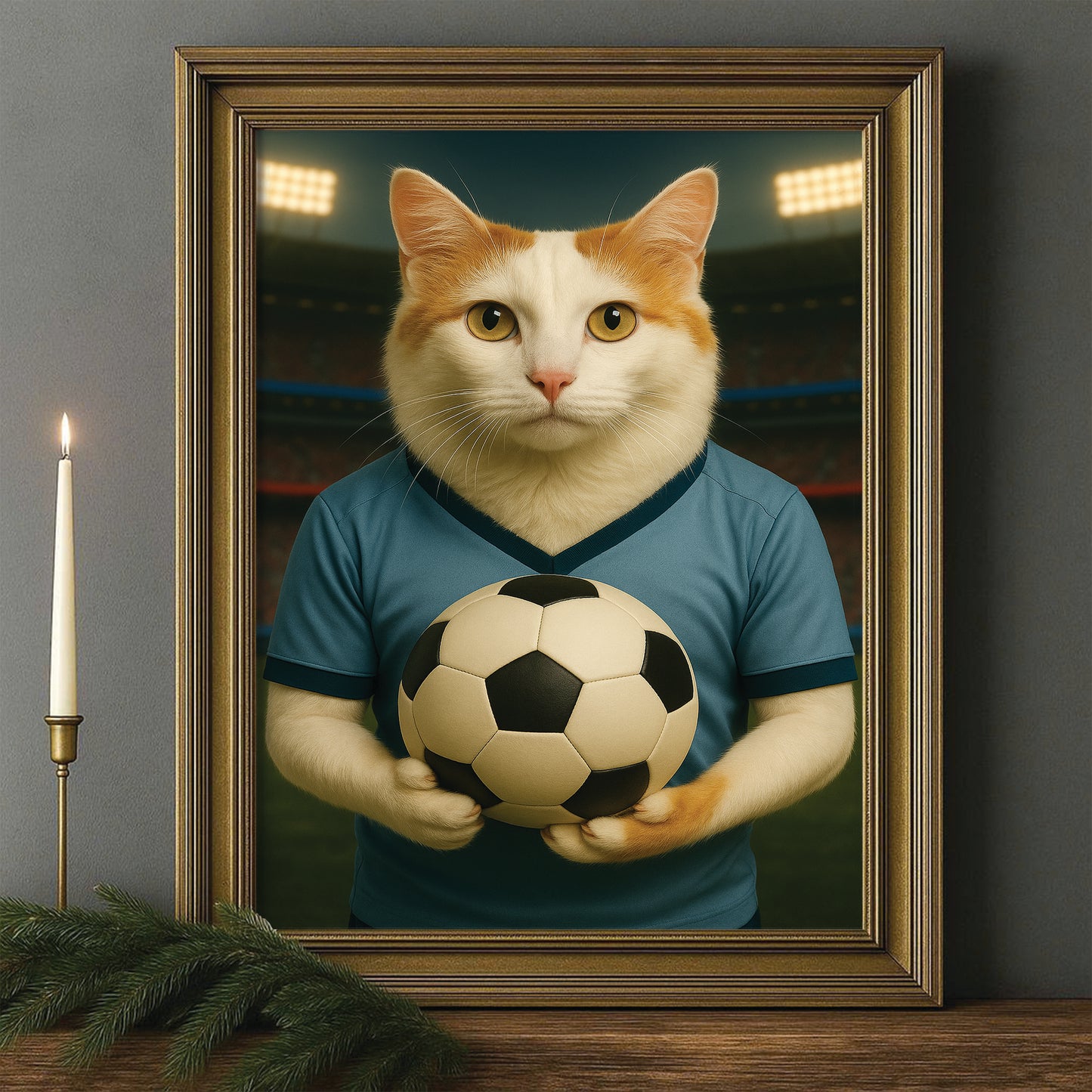 Custom Photo Soccer Cat Canvas Framed Wall Art Gift For Cat Lovers