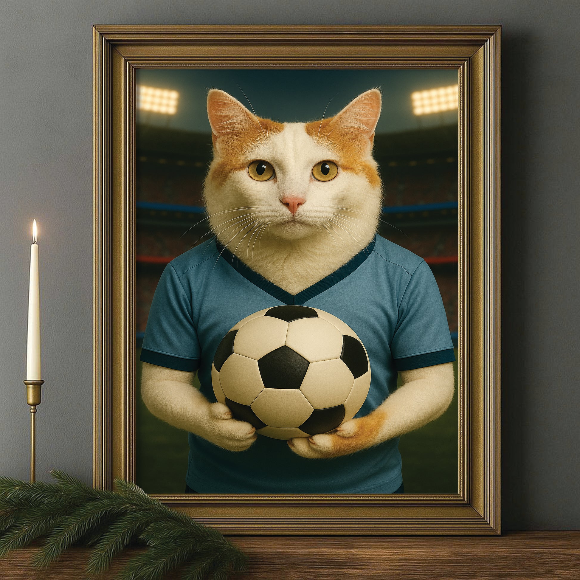 Custom Photo Soccer Cat Canvas Framed Wall Art Gift For Cat Lovers