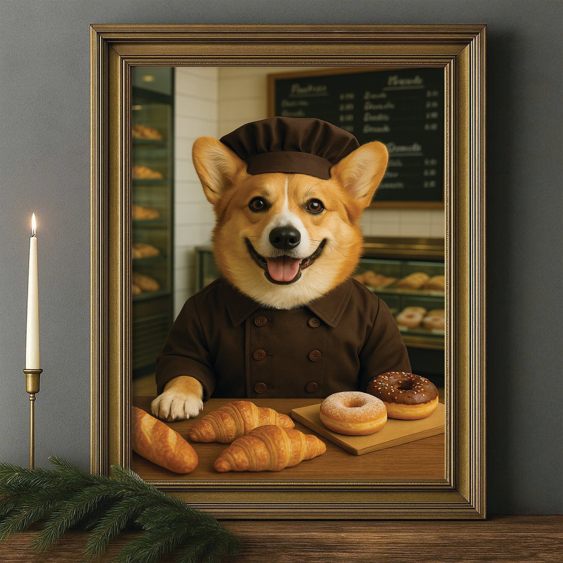 Custom Photo Baker Corgi Dog Canvas Framed Wall Art Gift For Dog Lovers