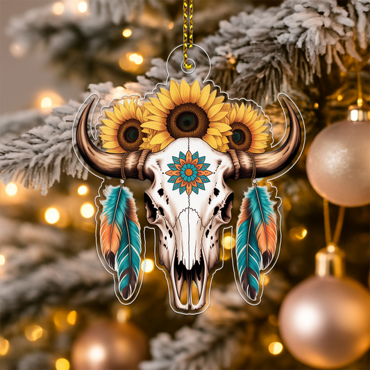 Personalized Bull Skull And Sunflower Acrylic Ornament Christmas Gift