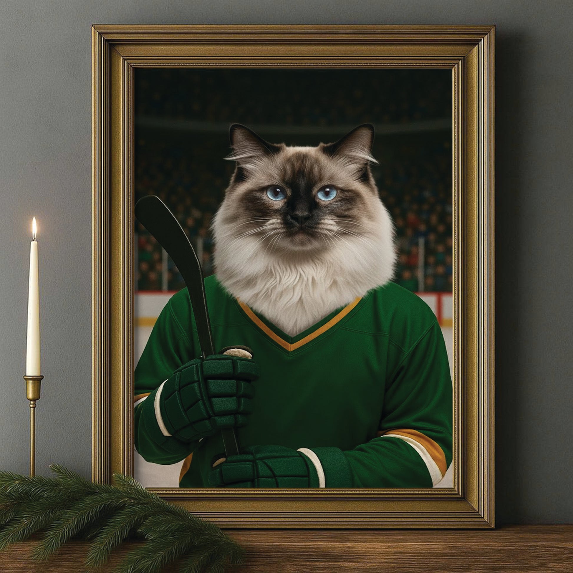 Custom Photo Hockey Player Cat Canvas Framed Wall Art  Gift For Cat Lovers