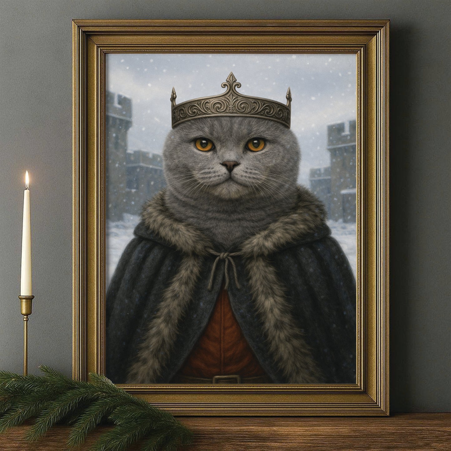 Custom Photo Winter King Royal Cat Canvas Framed Wall Art Gift For Cat Lovers