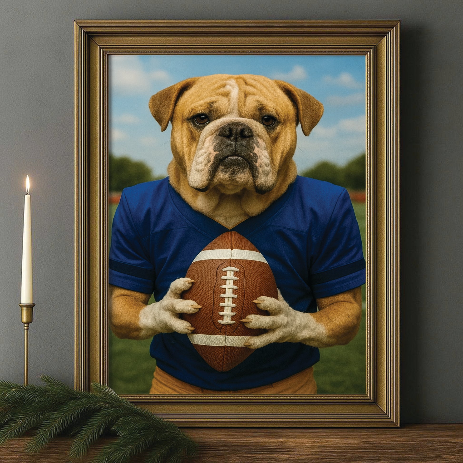 Custom Photo Football Player Dog Canvas Framed Wall Art Gift For Dog Lovers