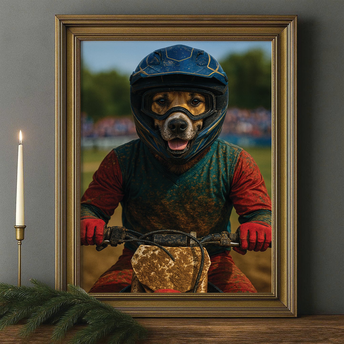 Custom Photo Dirt Bike Dog Canvas Framed Wall Art Gift For Dog Lovers