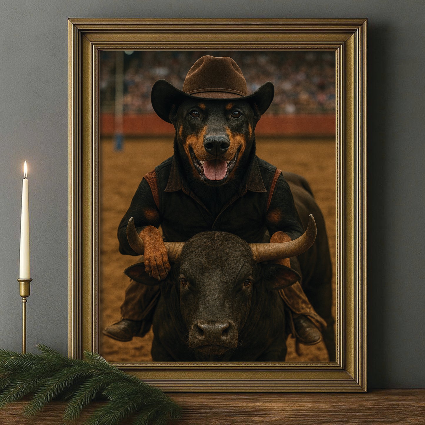 Custom Photo Bull Rider Cowboy Dog Canvas Framed Wall Art Gift For Dog Lovers
