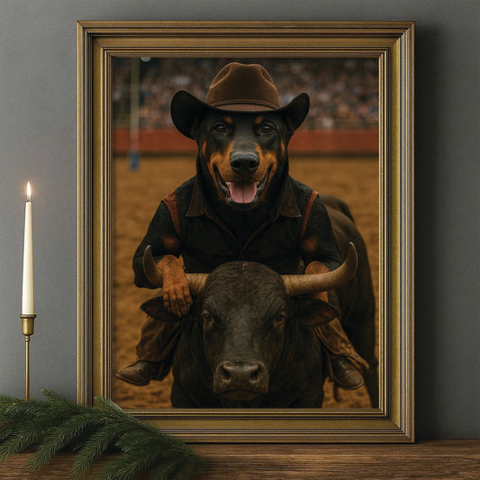 Custom Photo Bull Rider Cowboy Dog Canvas Framed Wall Art Gift For Dog Lovers