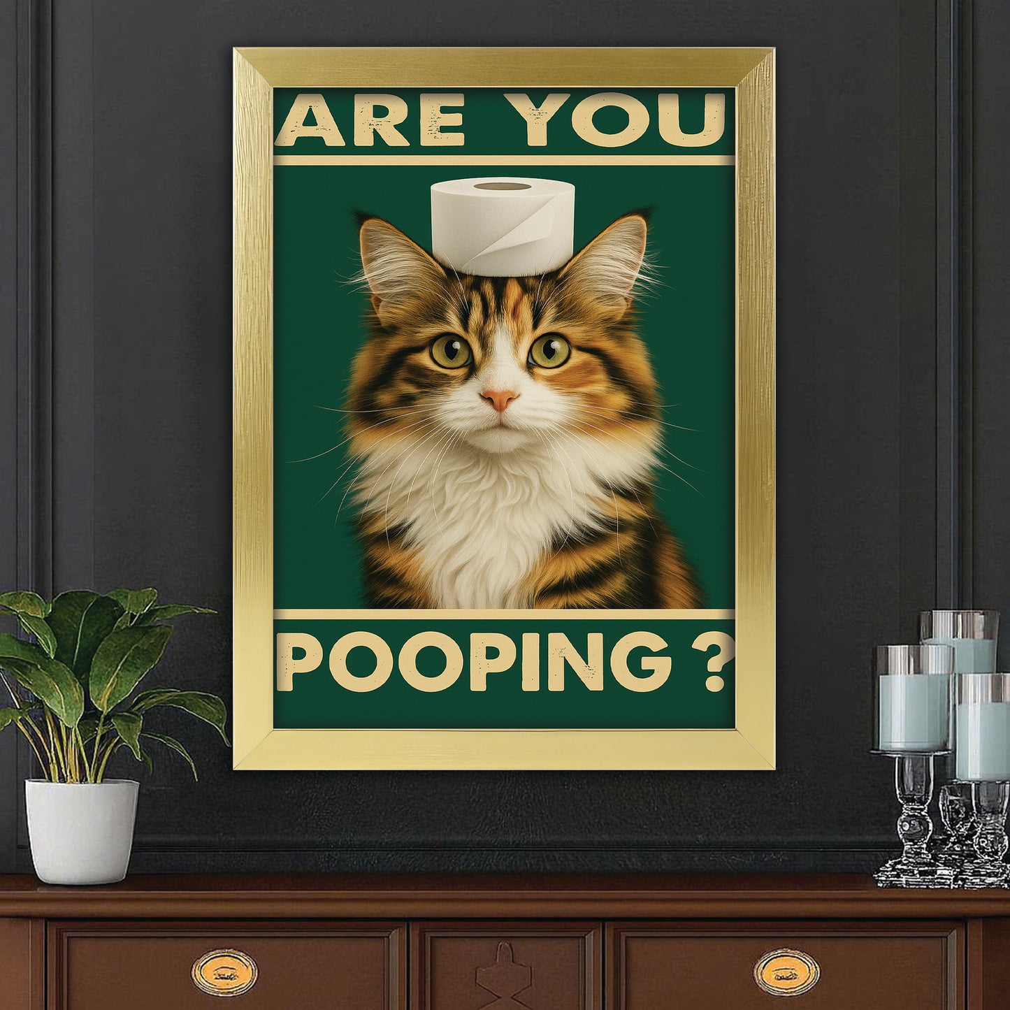 Custom Photo Funny Cat In Bathroom Canvas Framed Wall Art
