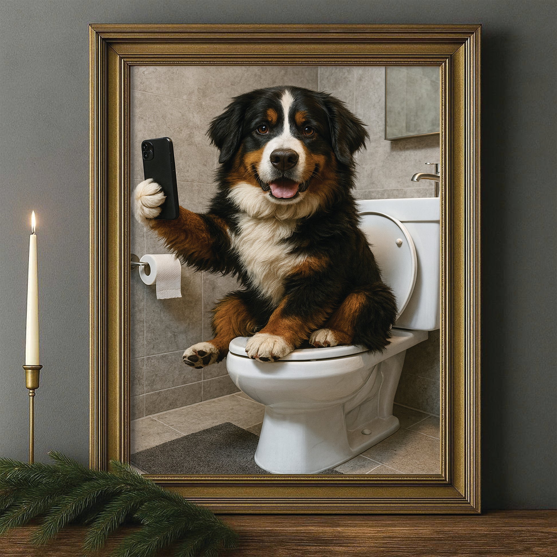Custom Photo Dog Sefie Bathroom Canvas Framed Wall Art Gift For Dog Lover
