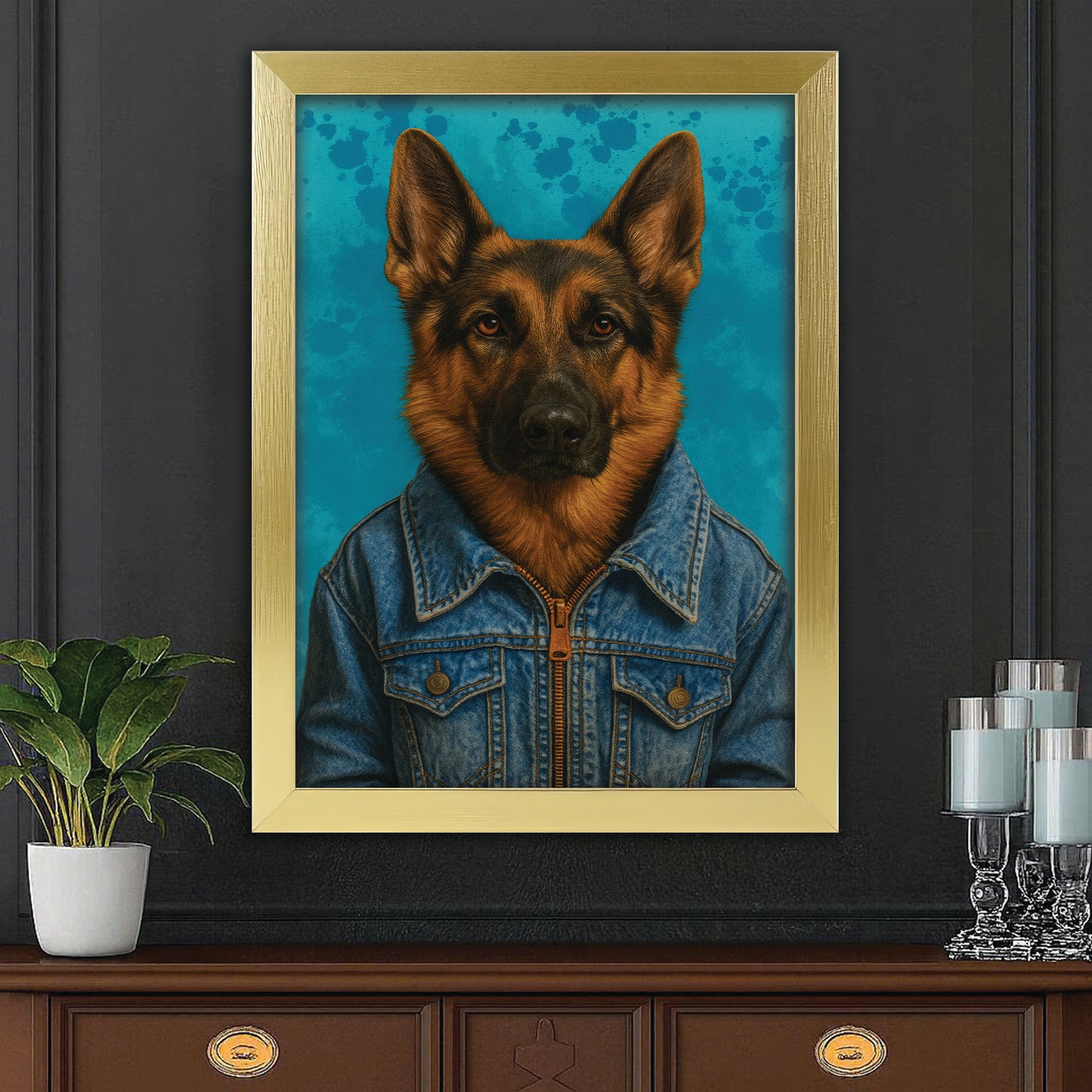 Custom Photo Denim Dog Canvas Framed Wall Art Gift For Dog Lovers
