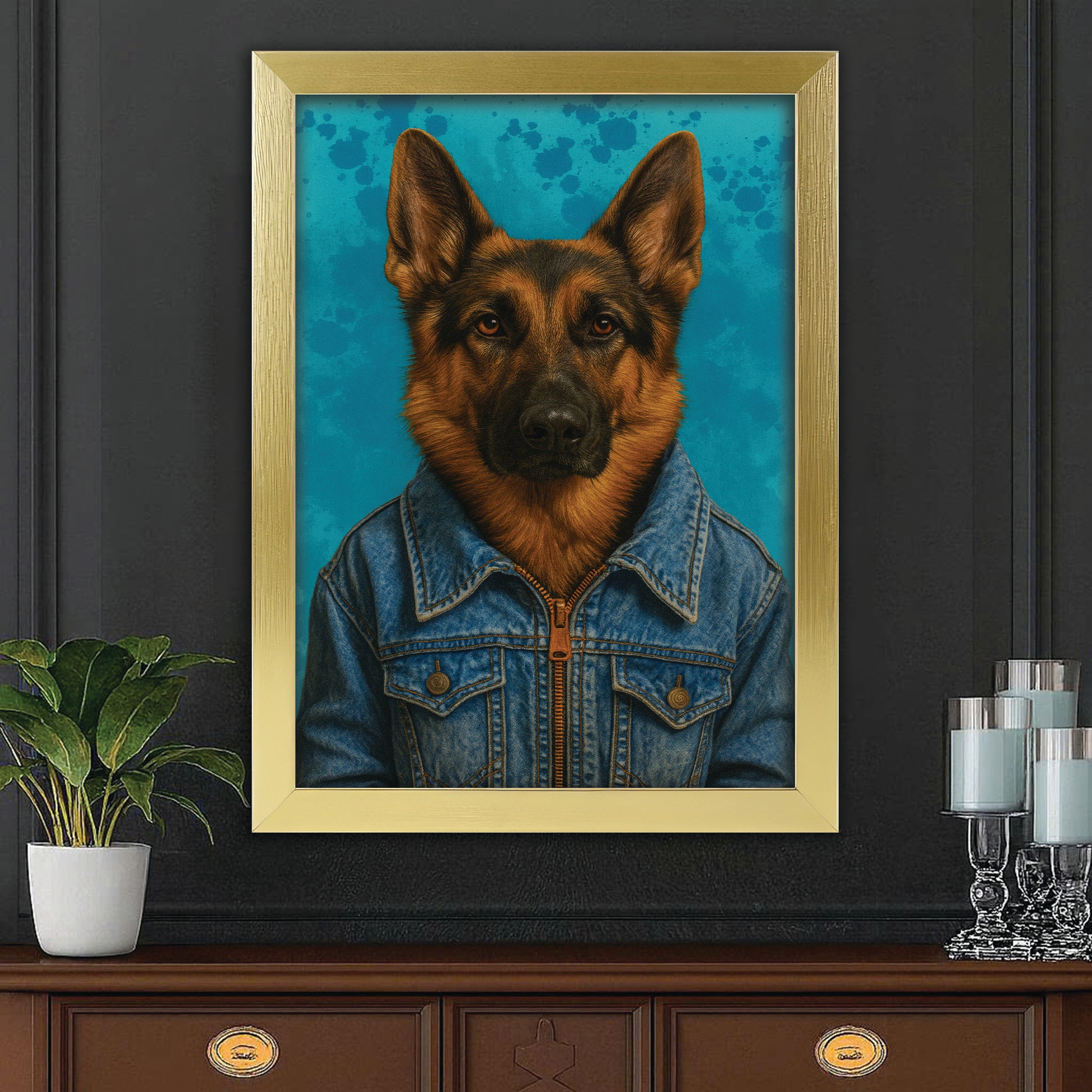 Custom Photo Denim Dog Canvas Framed Wall Art Gift For Dog Lovers