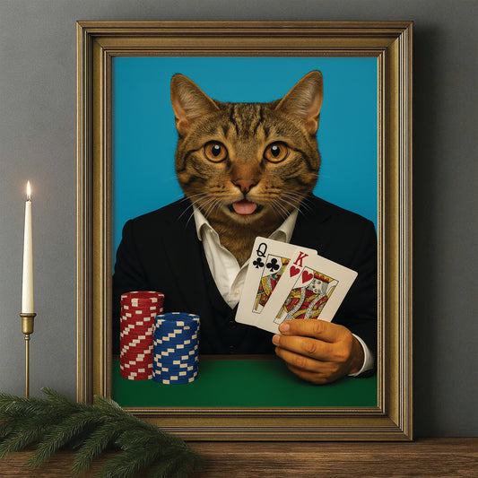 Custom Photo Poker Player Cat Canvas Framed Wall Art Gift For Cat Lovers