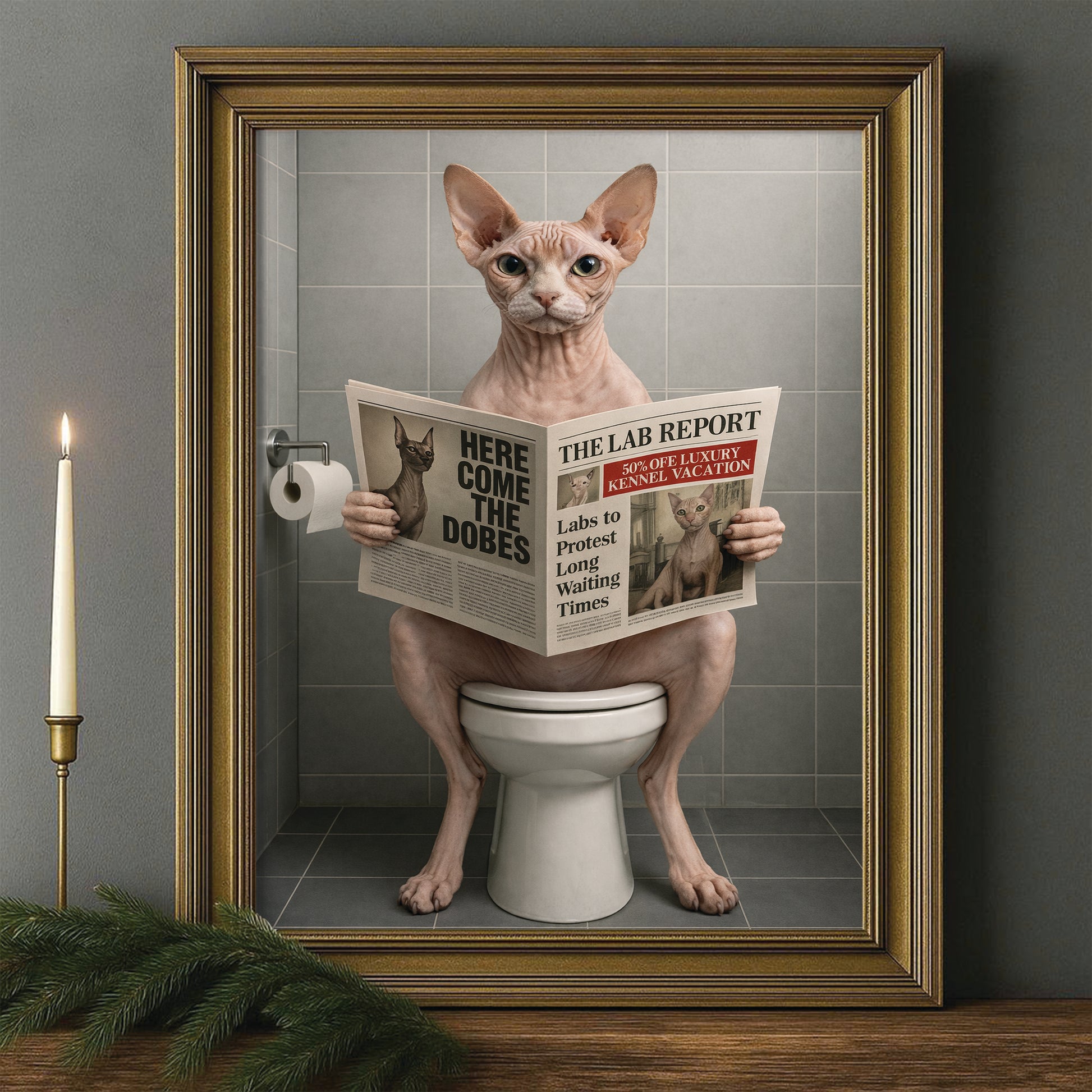 Custom Photo Cat Bathroom Canvas Framed Wall Art Style 03 Gift For Cat Lovers