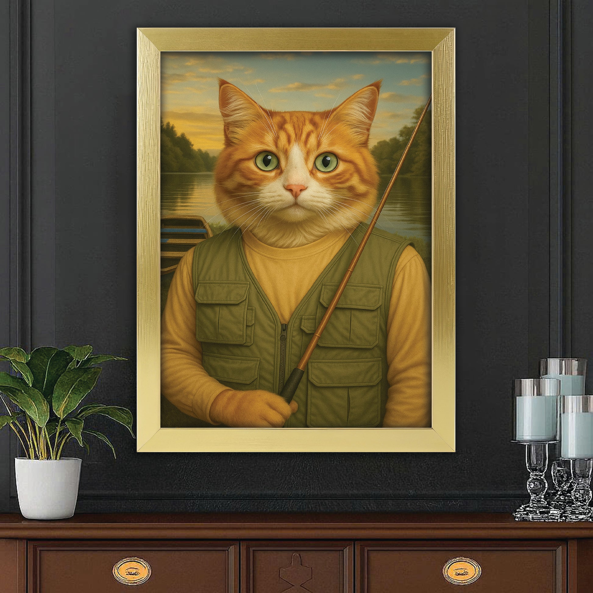 Custom Photo Fisherman Cat Canvas Framed Wall Art