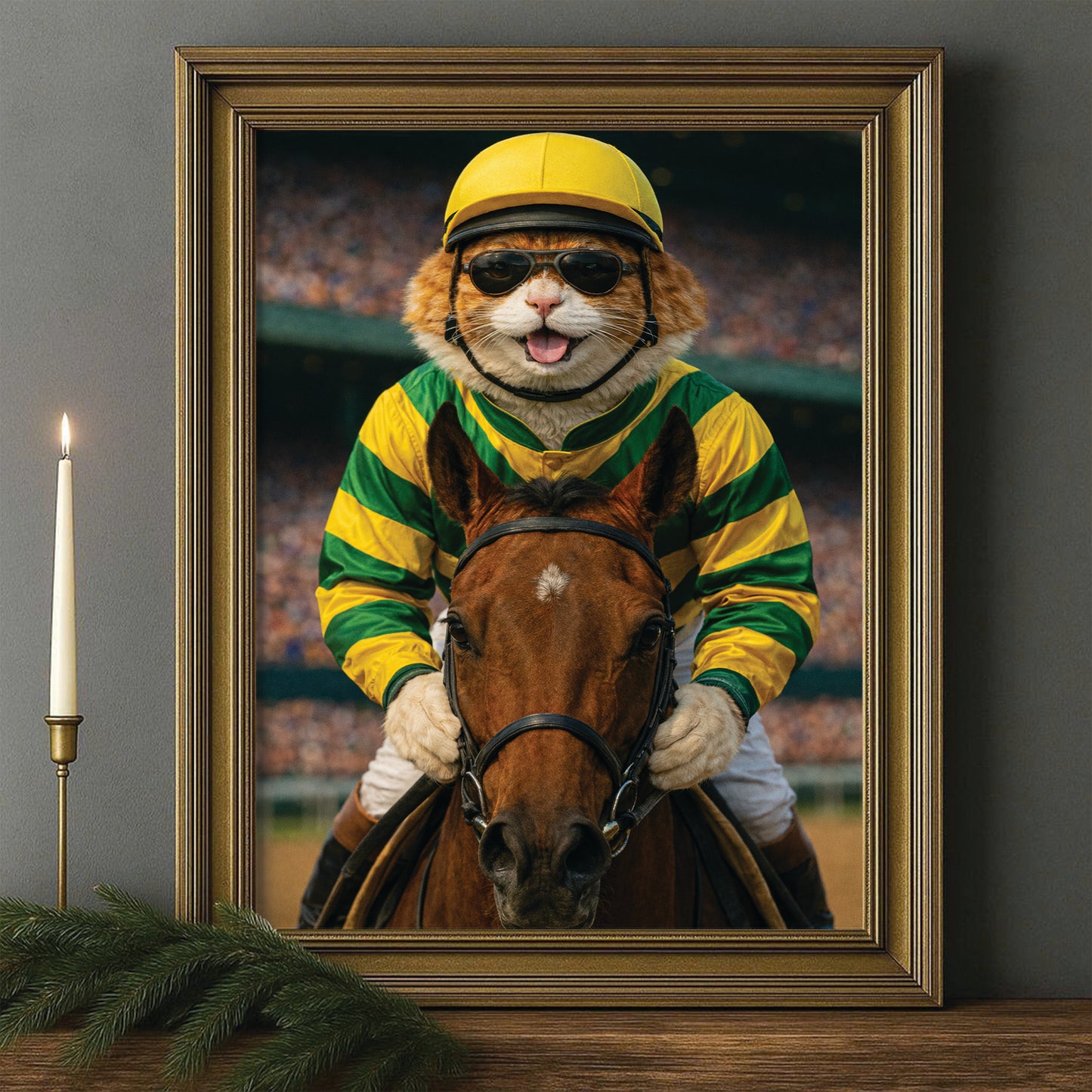 Custom Photo Jockey Horse Racing Cat Canvas Framed Wall Art  Gift For Cat Lovers
