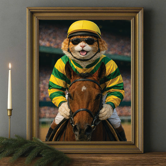 Custom Photo Jockey Horse Racing Cat Canvas Framed Wall Art  Gift For Cat Lovers