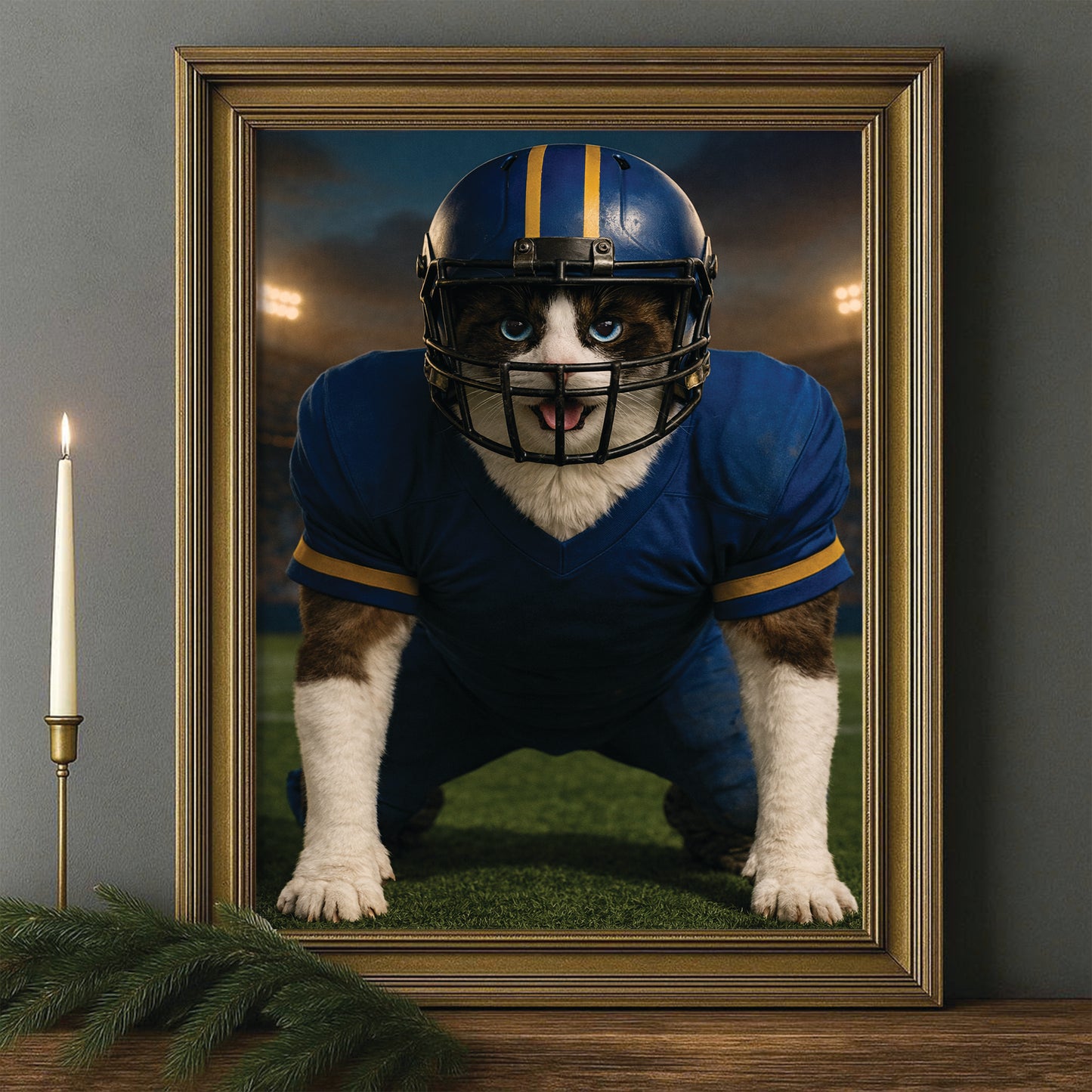 Custom Photo Football Player 2 Cat Canvas Framed Wall Art  Gift For Cat Lovers