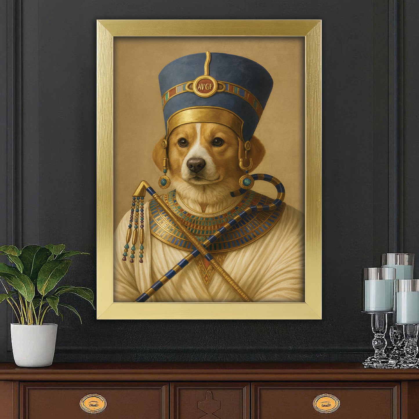Custom Photo Egyptian Queen Dog Canvas Framed Wall Art Gift For Dog Lover