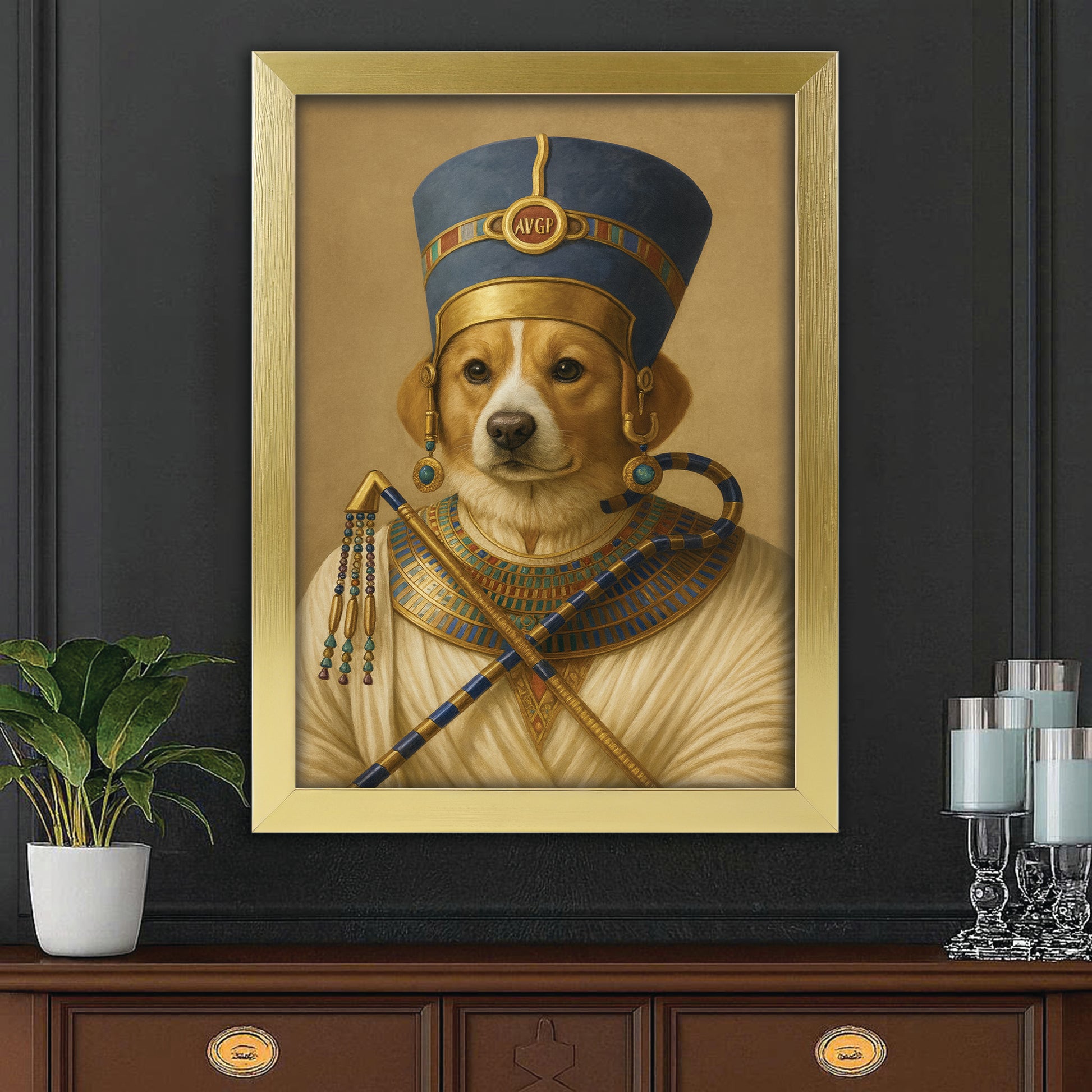 Custom Photo Egyptian Queen Dog Canvas Framed Wall Art Gift For Dog Lover