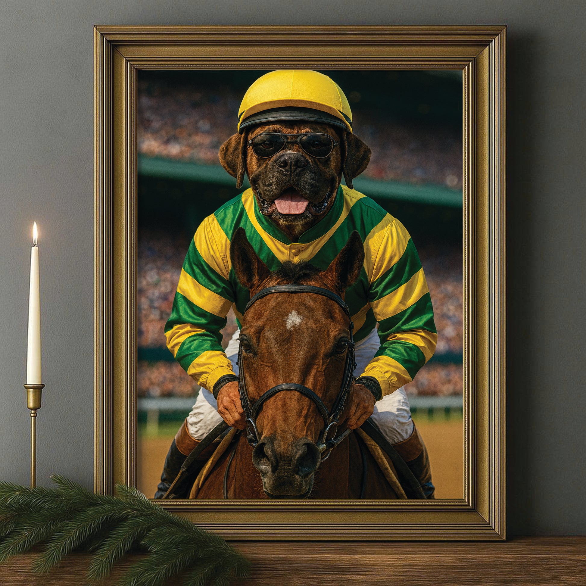 Custom Photo Jockey Horse Racing Dog Canvas Framed Wall Art Gift For Dog Lovers
