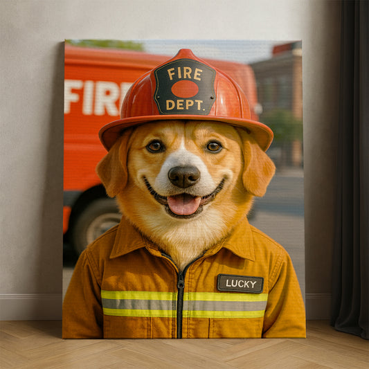 Custom Photo Fire Fighter Dog Canvas Gift For Dog Lovers