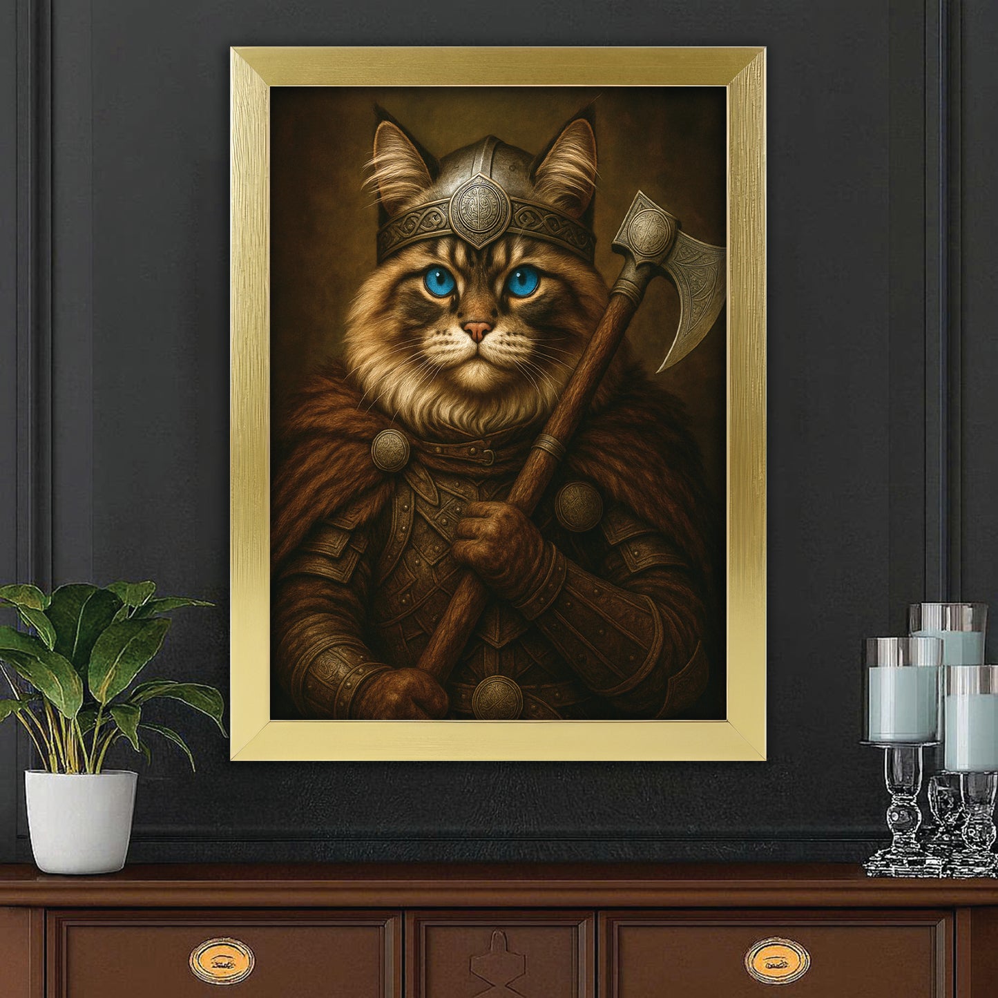 Custom Cat Photo Viking Warrior Canvas Framed Wall Art _ Gift For Cat