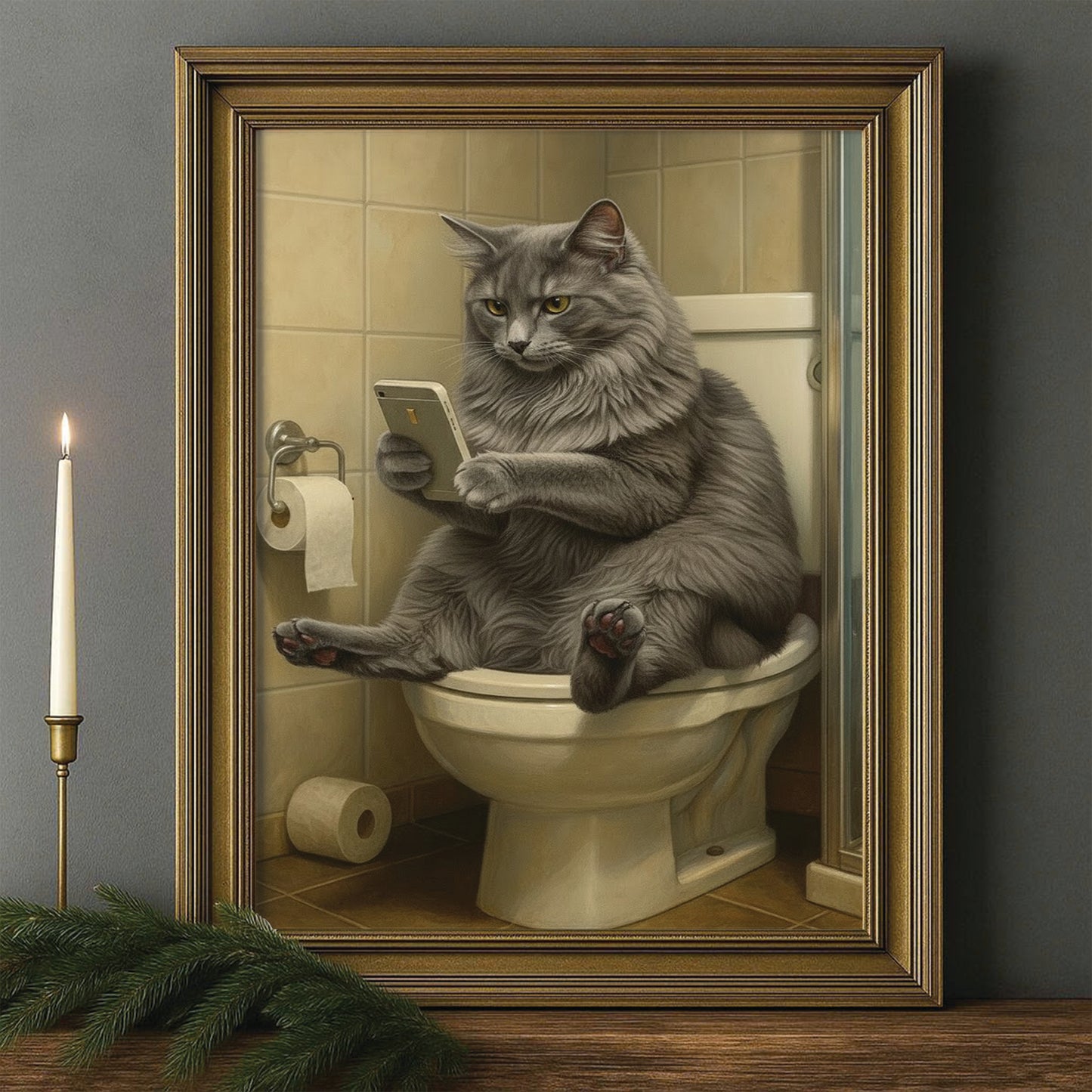 Custom Photo Cat Bathroom Style 3 Canvas Framed Wall Art Gift For Cat Lovers