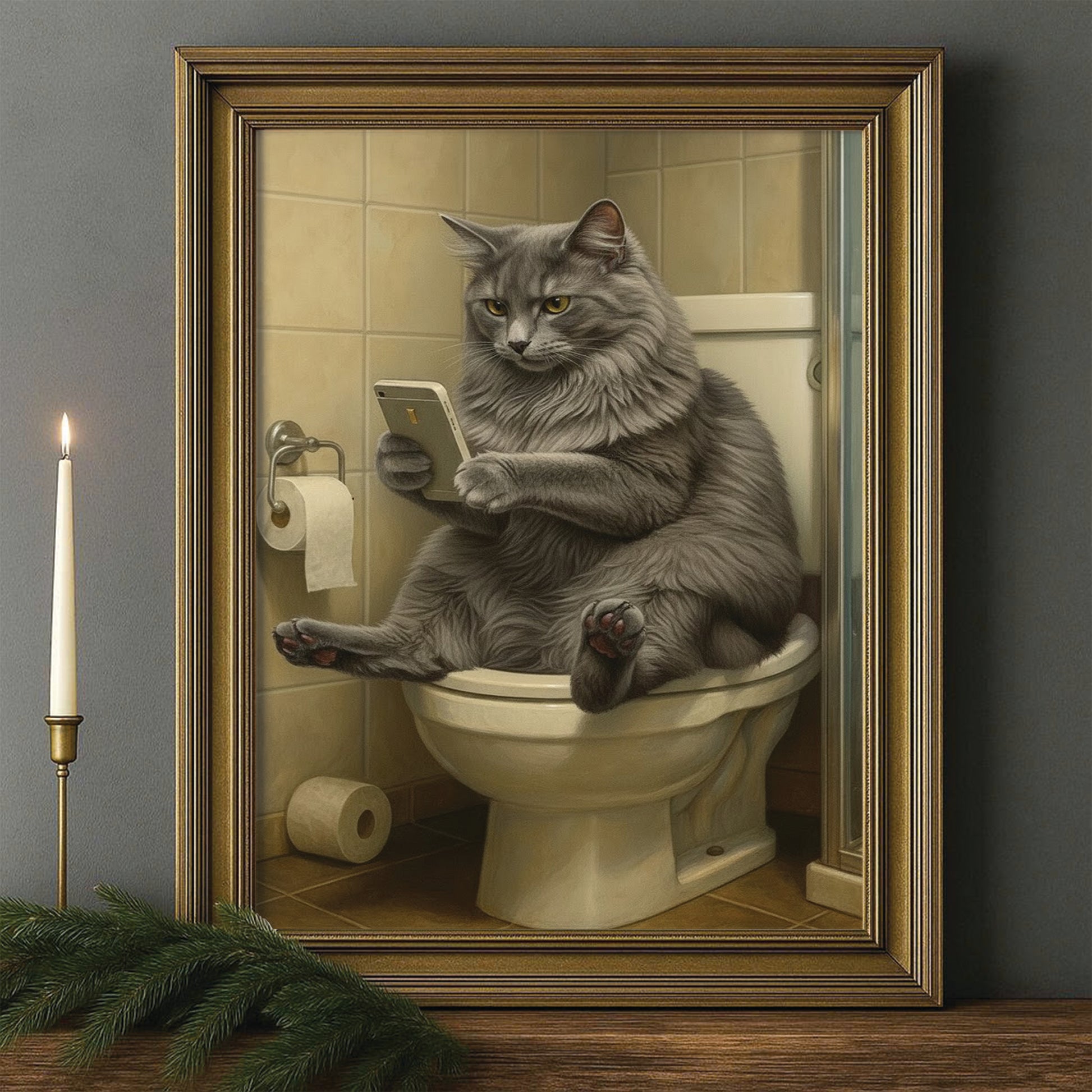 Custom Photo Cat Bathroom Style 3 Canvas Framed Wall Art Gift For Cat Lovers