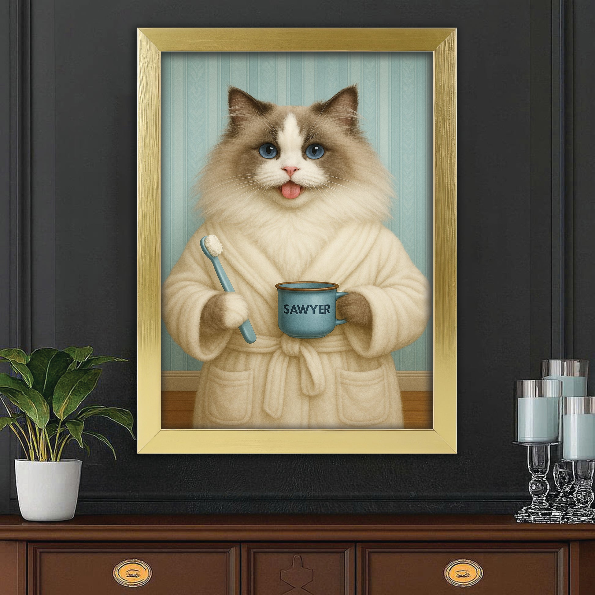 Custom Photo Cat Bathroom Canvas Framed Wall Art Cat Gifts Lovers