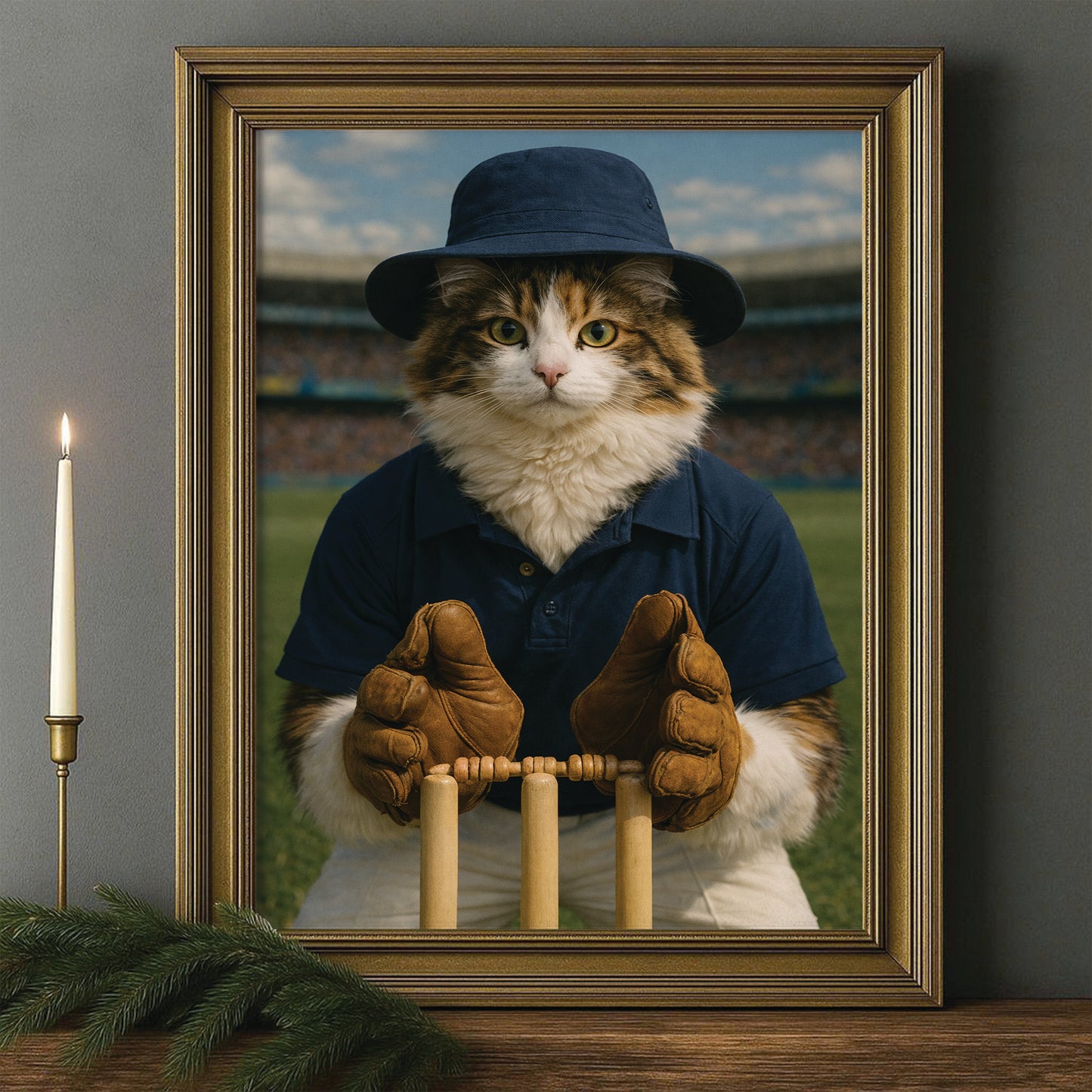 Custom Photo Cricket Player Cat Canvas Framed Wall Art Gift For Cat Lovers