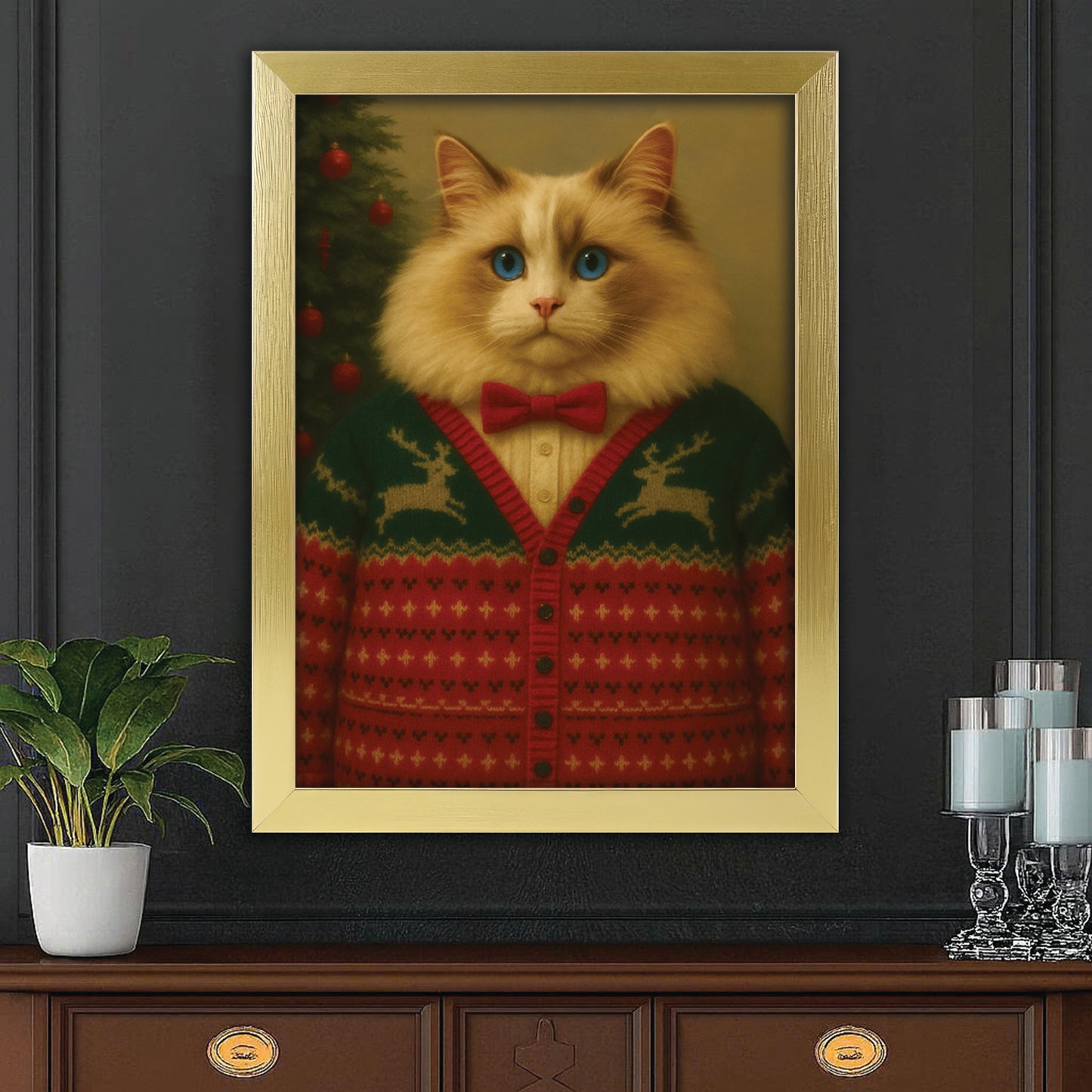 Custom Photo Christmas Cat Canvas Framed Wall Art Gift For Cat Lovers