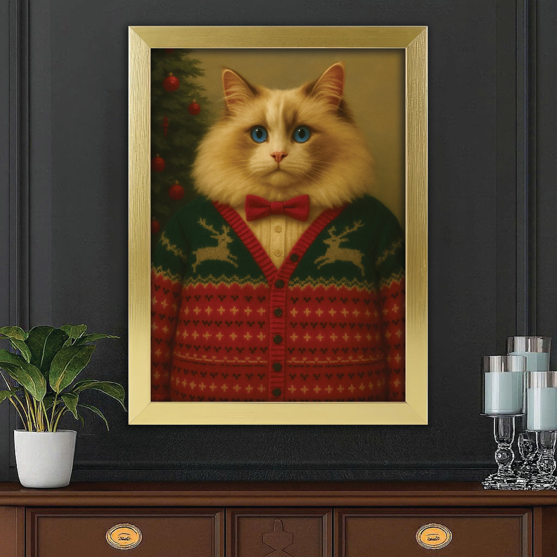 Custom Photo Christmas Cat Canvas Framed Wall Art Gift For Cat Lovers
