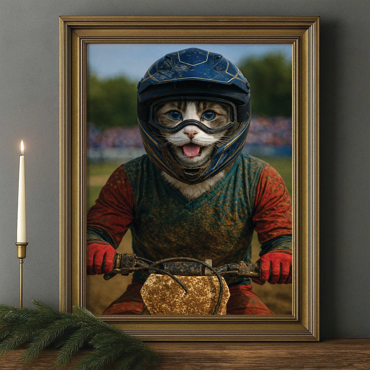 Custom Photo Dirt Bike Cat Canvas Framed Wall Art  Gift For Cat Lovers