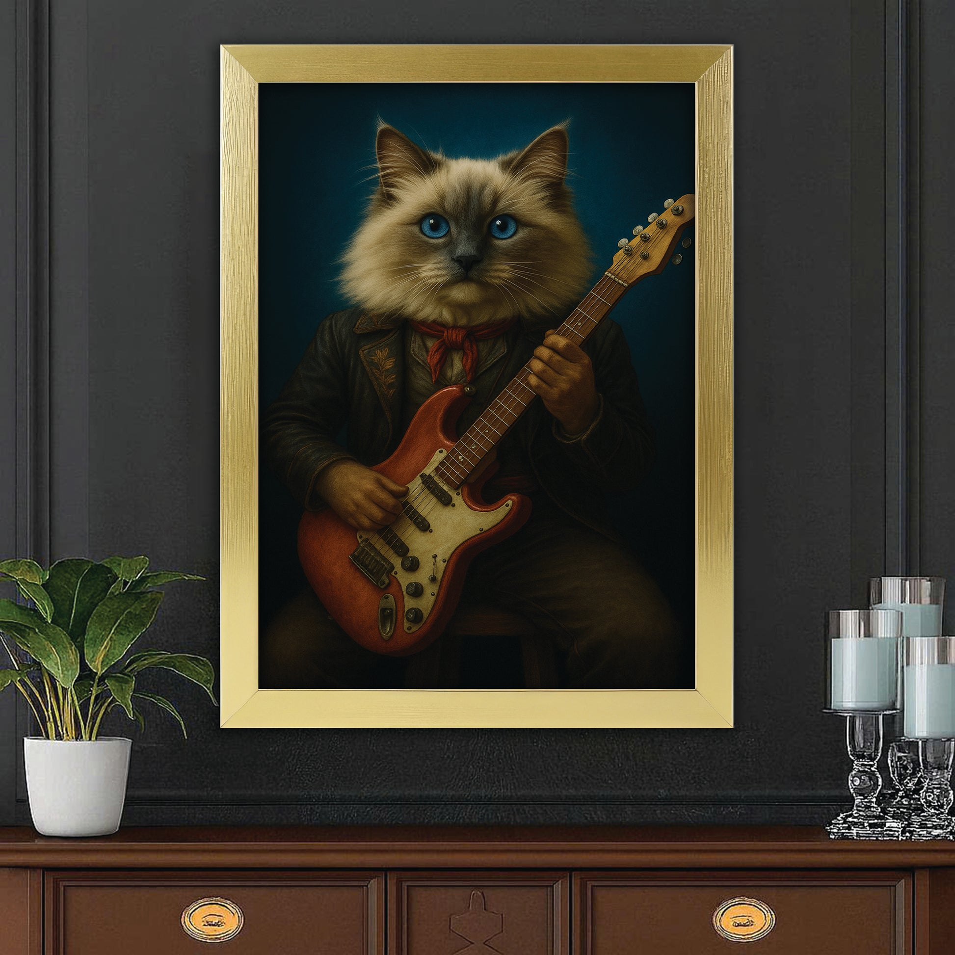 Custom Photo Cat Rock n Roll Canvas Framed Wall Art Gift For Cat Lovers