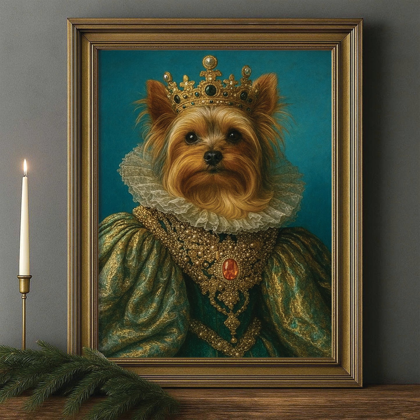 Custom Photo Potrait Royal Dog With Crown Canvas Framed Wall Art Gift For Dog Lovers