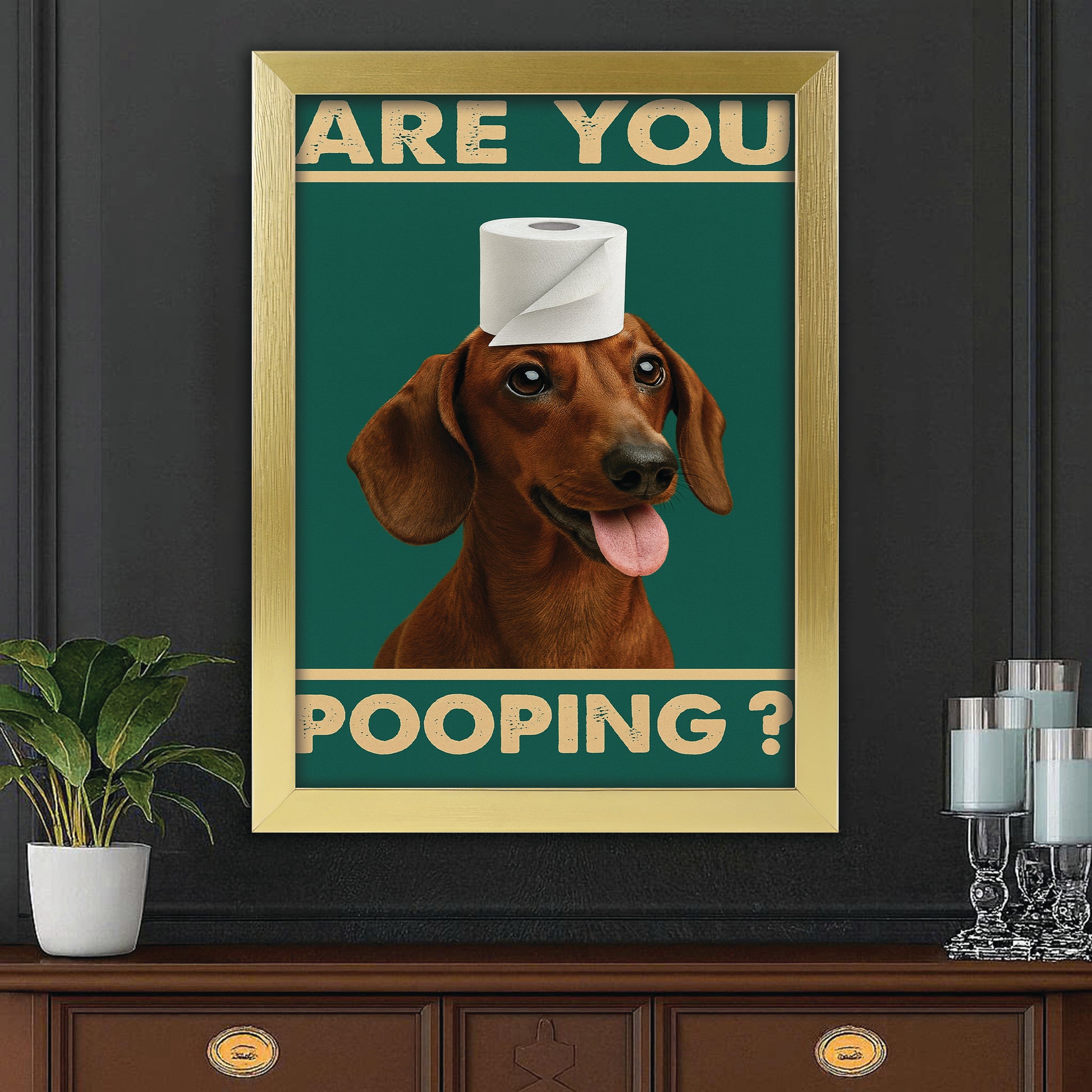 Custom Photo Funny Dog In Bathroom Canvas Framed Wall Art