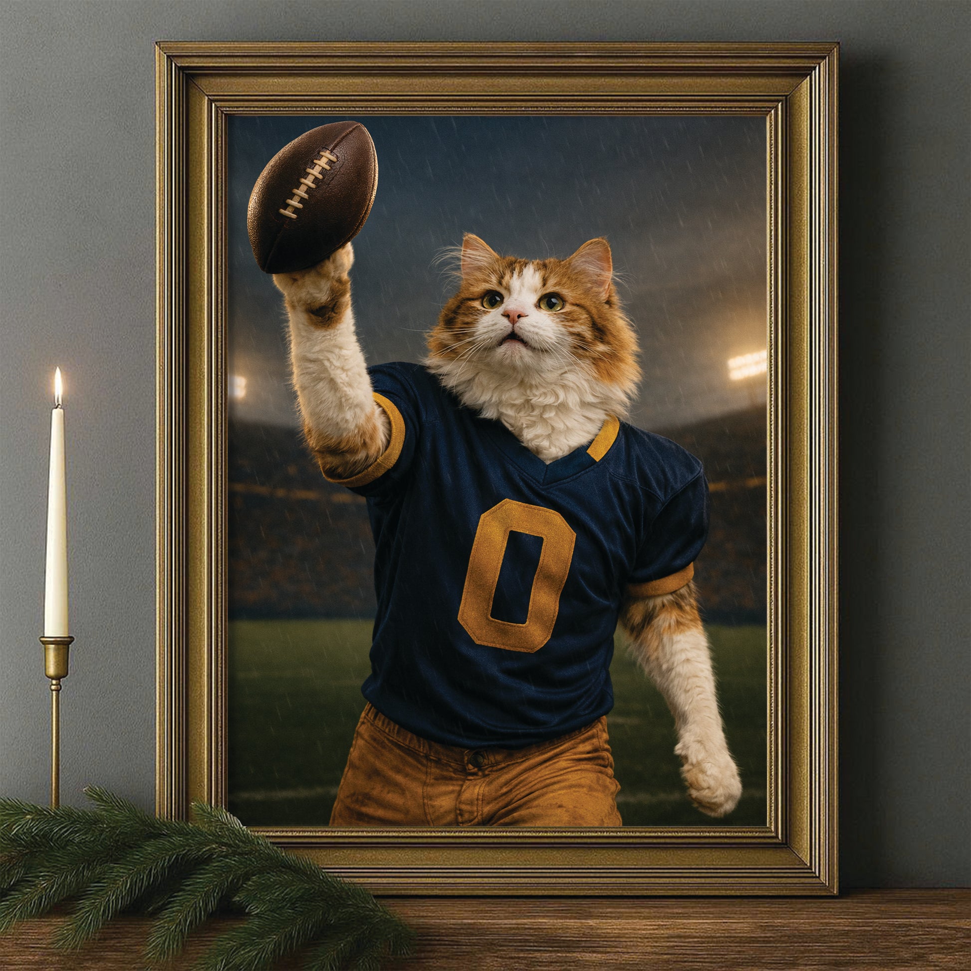 Custom Photo Football Player Canvas Framed Wall Art  Gift For Cat Lovers