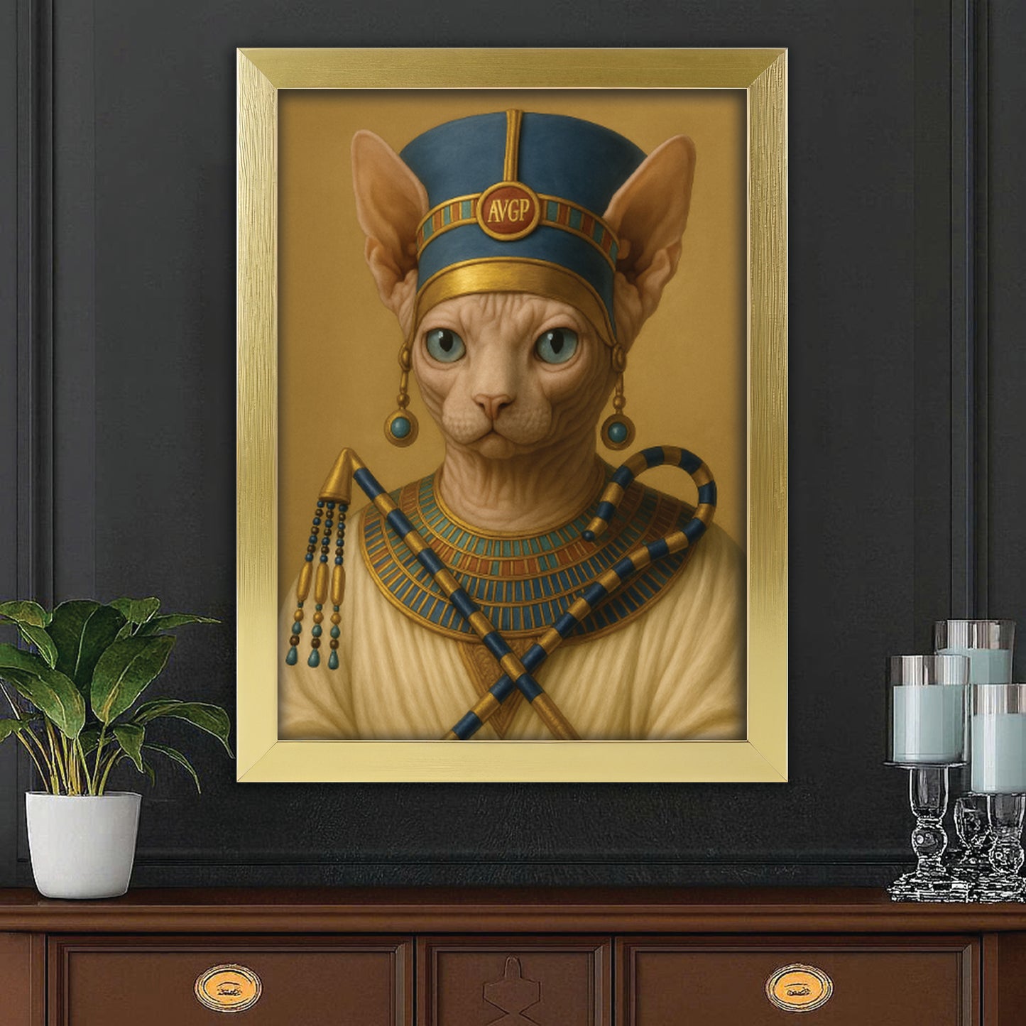 Custom Photo Egyptian Queen Cat Canvas Framed Wall Art Gift For Cat Lover