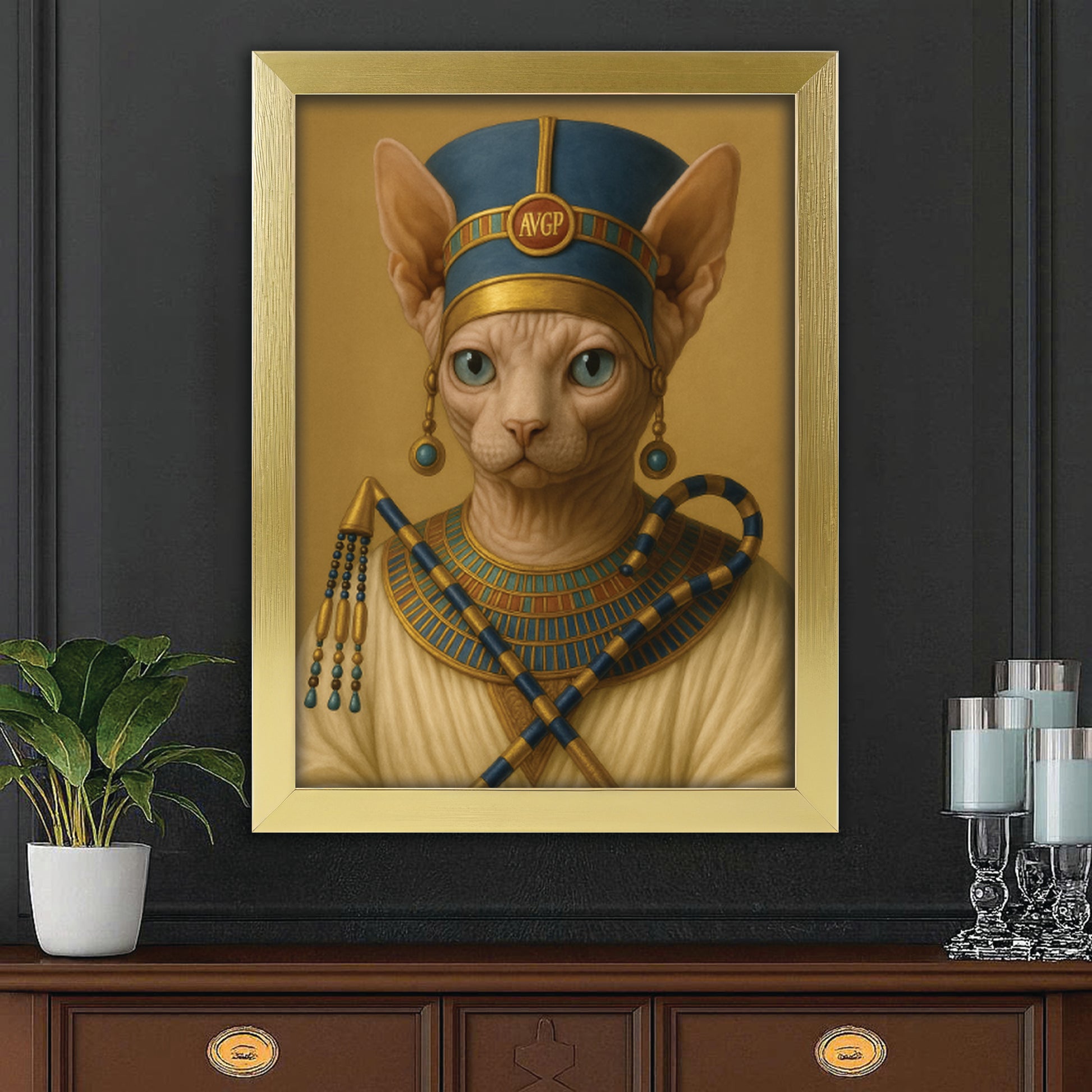 Custom Photo Egyptian Queen Cat Canvas Framed Wall Art Gift For Cat Lover