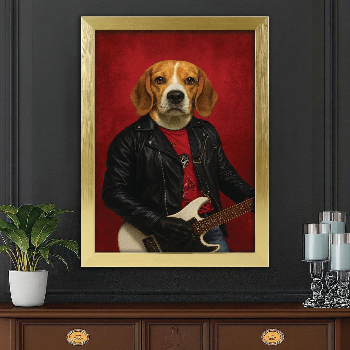 Custom Photo Guitarist Dog Canvas Framed Wall Art Gift For Dog