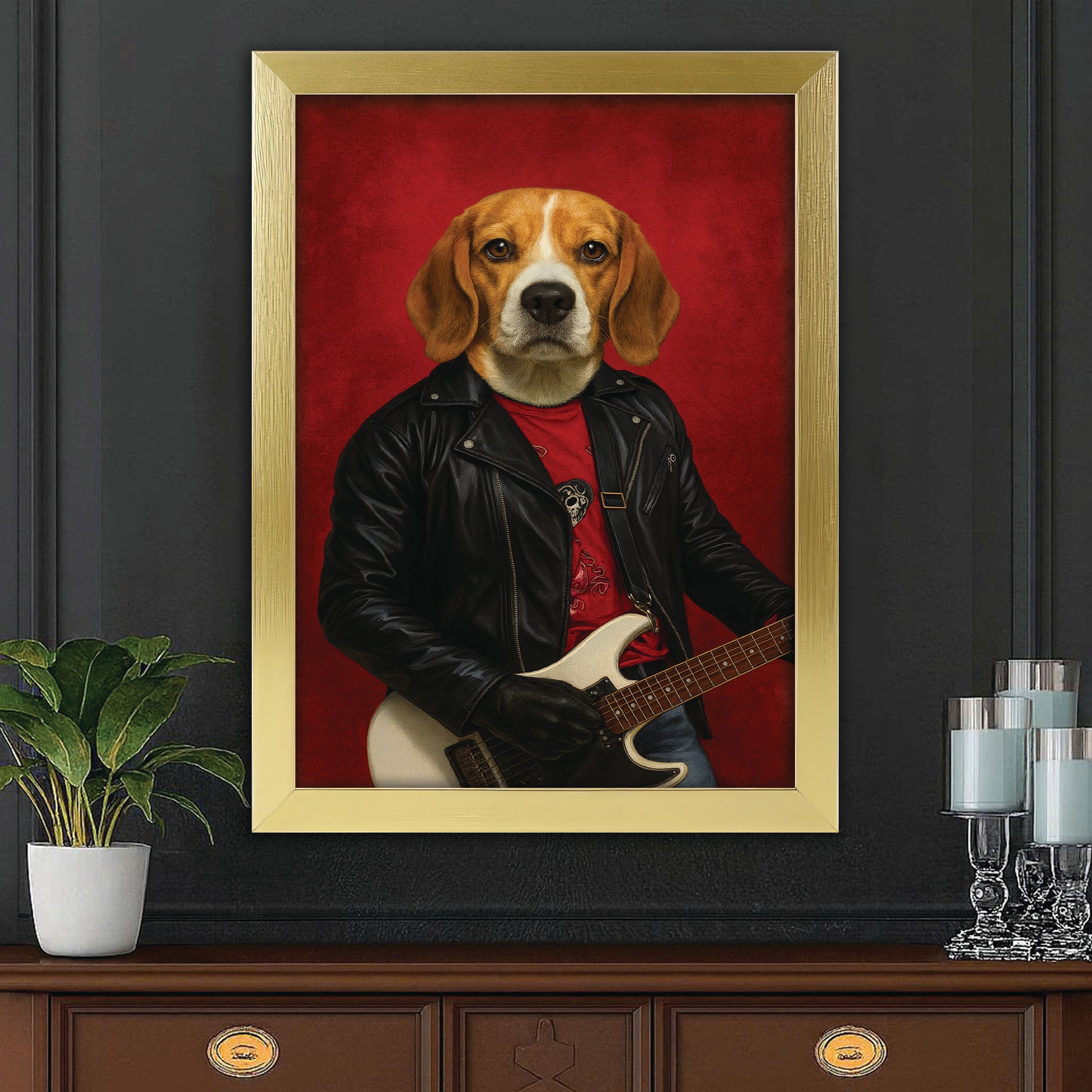 Custom Photo Guitarist Dog Canvas Framed Wall Art Gift For Dog