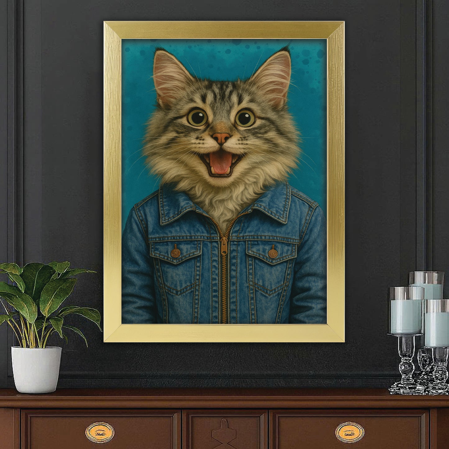 Custom Photo Denim Cat Canvas Framed Wall Art Gift For Cat Lovers