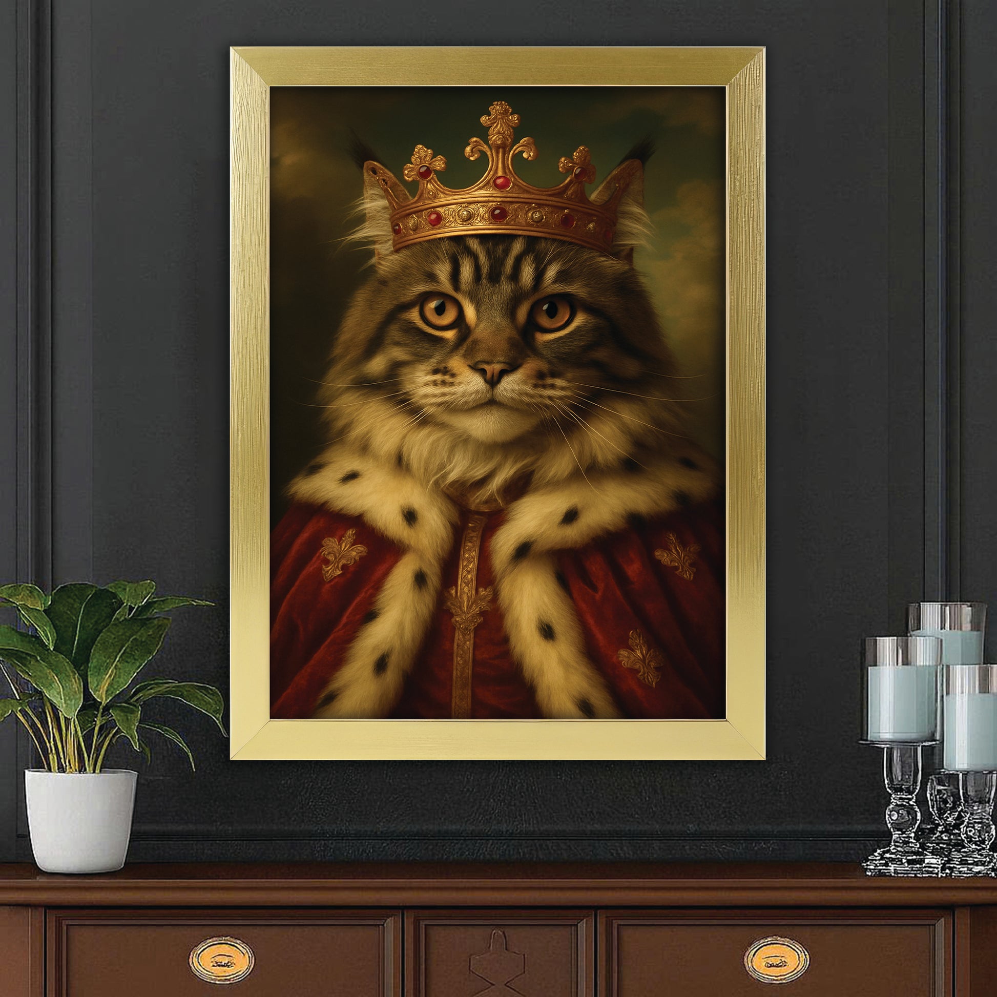 Custom Photo Cat Royal Canvas Framed Wall Art Pet King Portrait