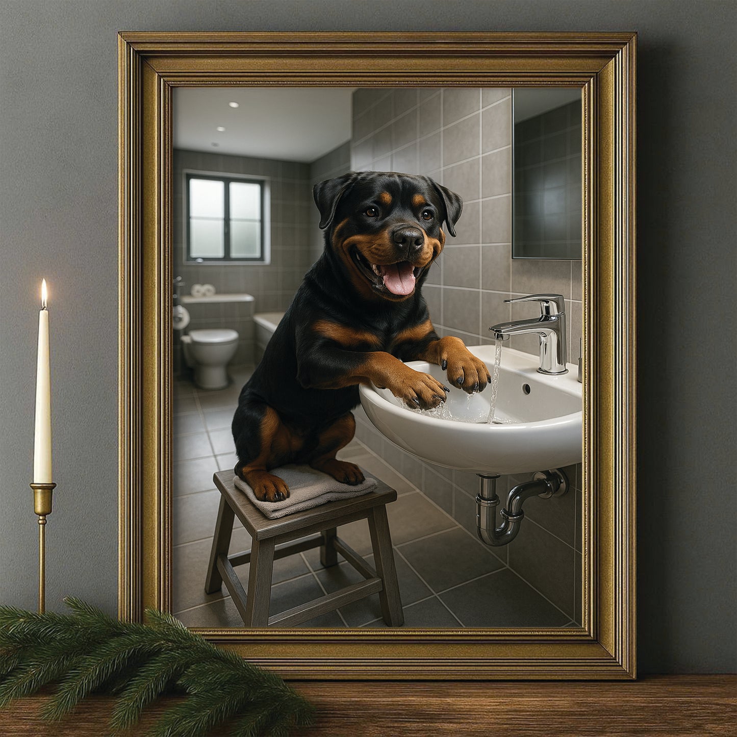 Custom Photo Dog In Bathroom Style 1 Canvas Framed Wall Art Gift For Dog Lovers