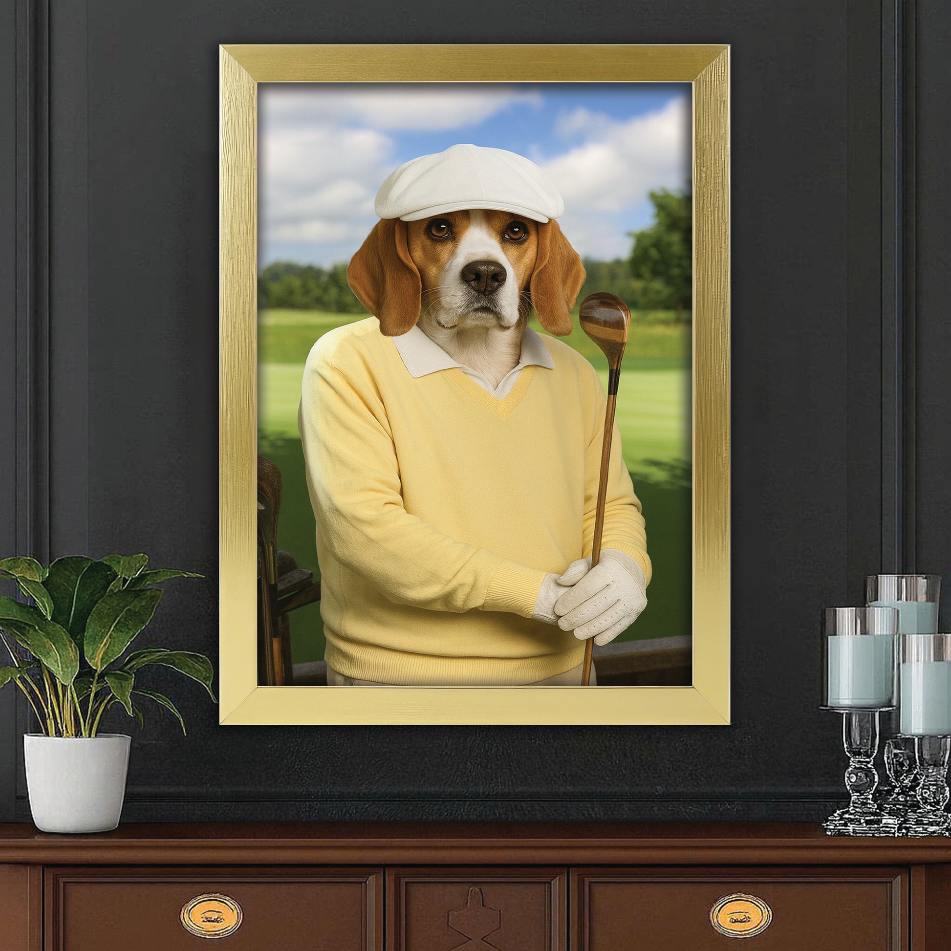 Custom Photo Golfer Dog Canvas Framed Wall Art Gift For Dog Lovers