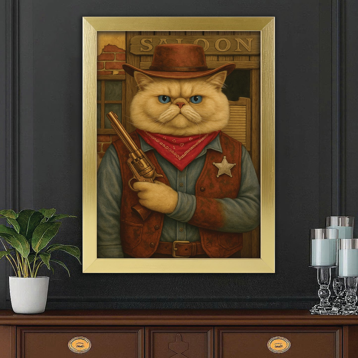 Custom Photo Cat Cowboy Canvas Framed Wall Art