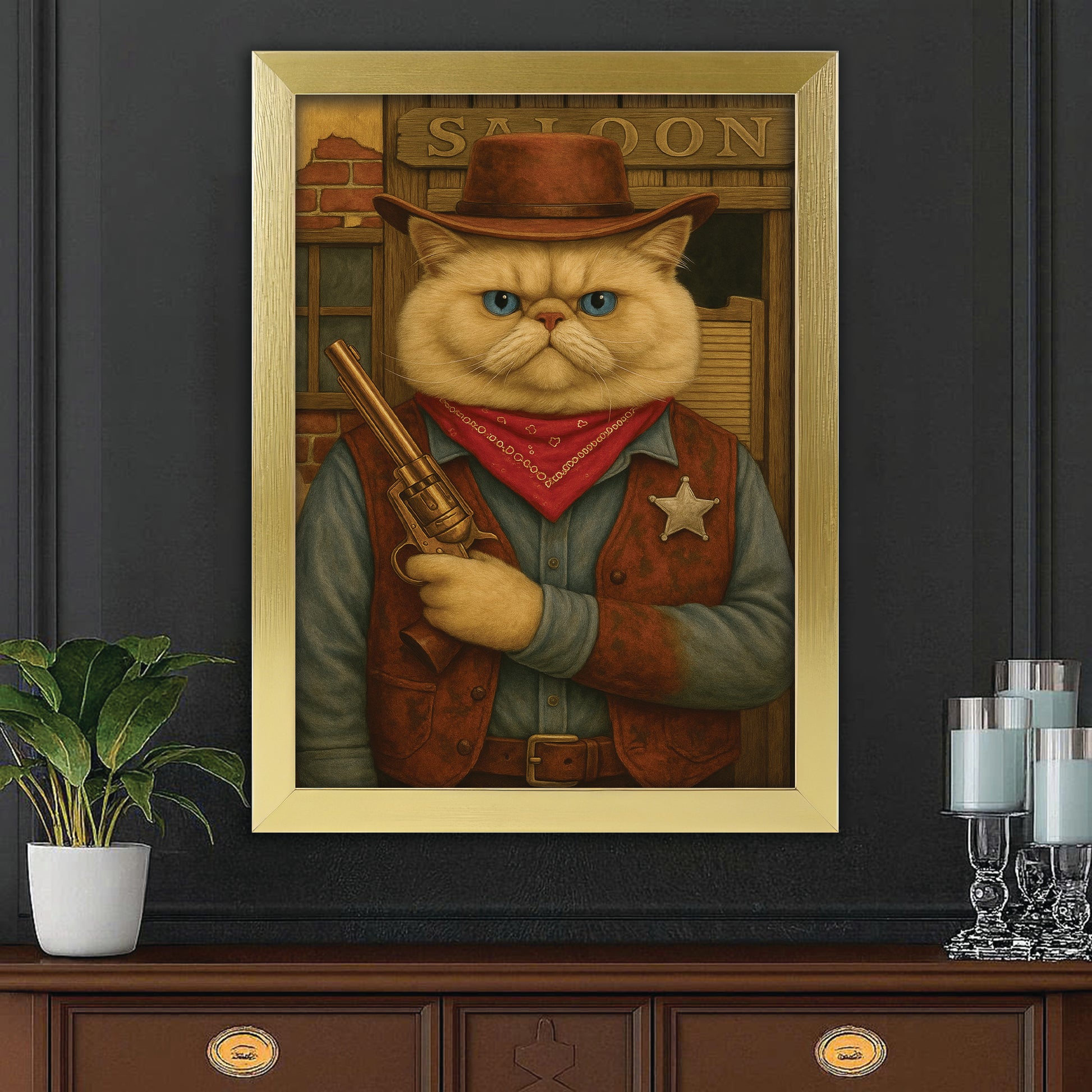 Custom Photo Cat Cowboy Canvas Framed Wall Art